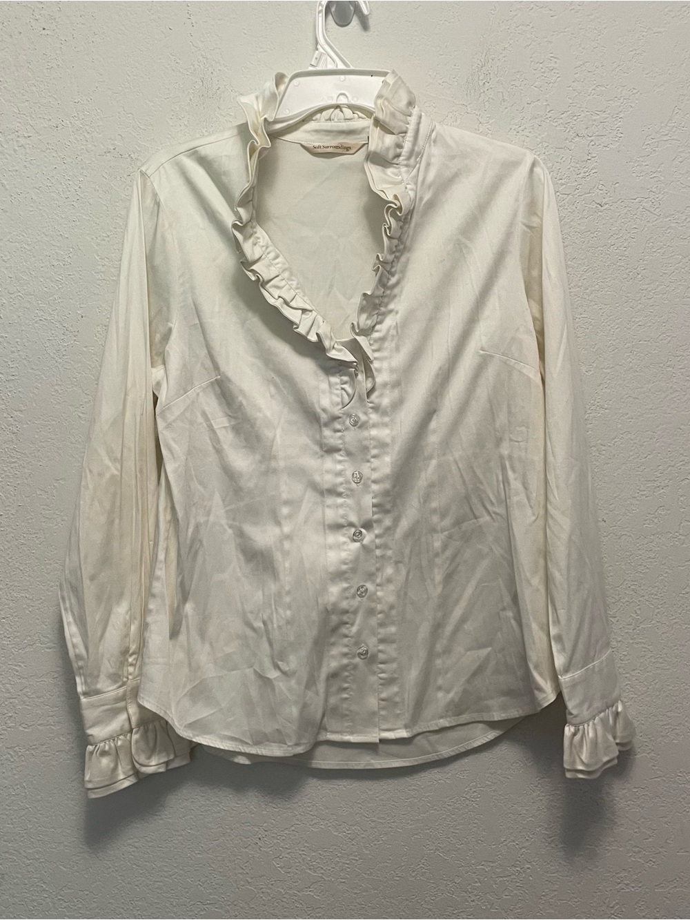 Soft Surroundings Boleyn Blouse Womens Size S White Ruffle Long Sleeve Button
